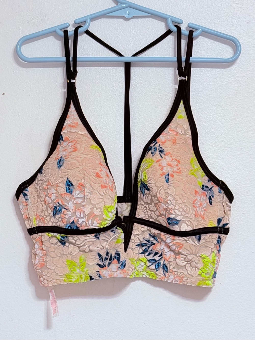 Pink victoria Secert Floral Lace Bralette with Contrast Trim - Peach/Neon Accent